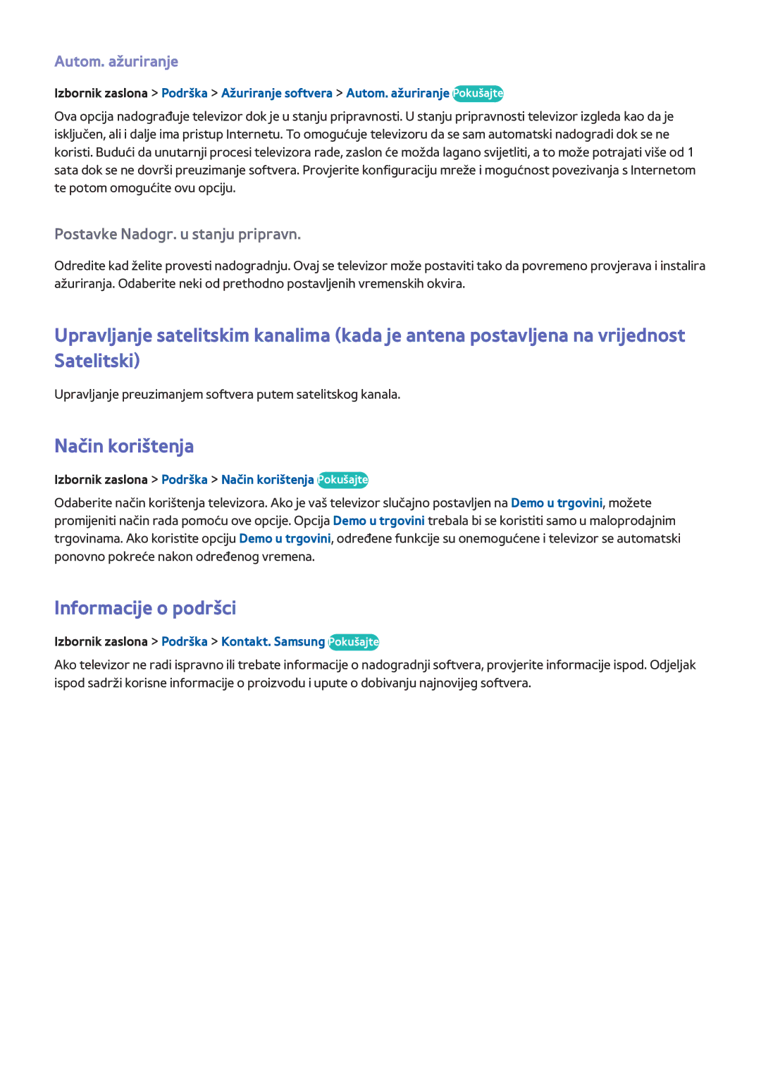 Samsung UE39F5500AWXXH, UE50F6400AKXXH, UE40F6320AWXXH manual Način korištenja, Informacije o podršci, Autom. ažuriranje 