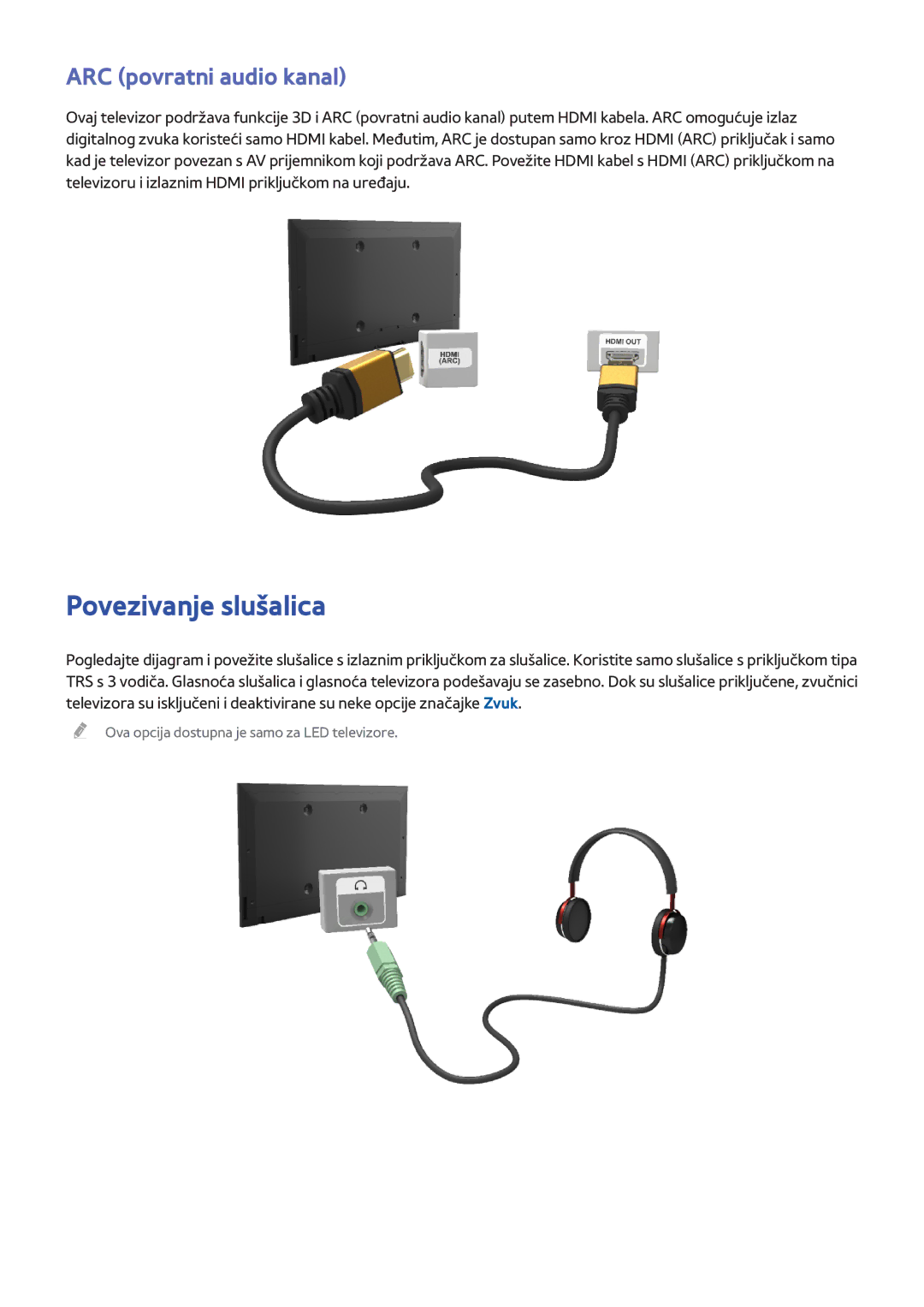 Samsung UE40F5300AWXXH, UE50F6400AKXXH, UE40F6320AWXXH, UE40F6670SSXXH manual Povezivanje slušalica, ARC povratni audio kanal 