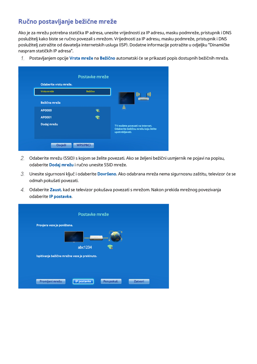 Samsung UE32F6800SBXXH, UE50F6400AKXXH manual Ručno postavljanje bežične mreže, Bežična mreža AP0000 AP0001 Dodaj mrežu 
