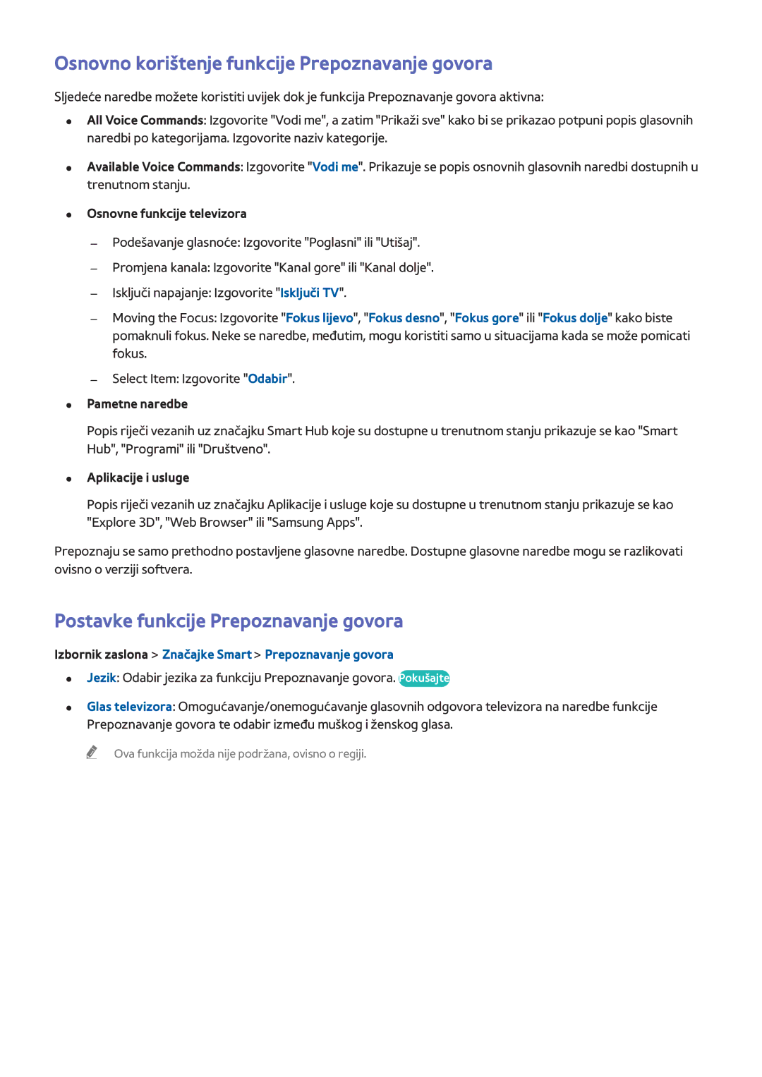 Samsung UE65F6400AKXXH manual Osnovno korištenje funkcije Prepoznavanje govora, Postavke funkcije Prepoznavanje govora 