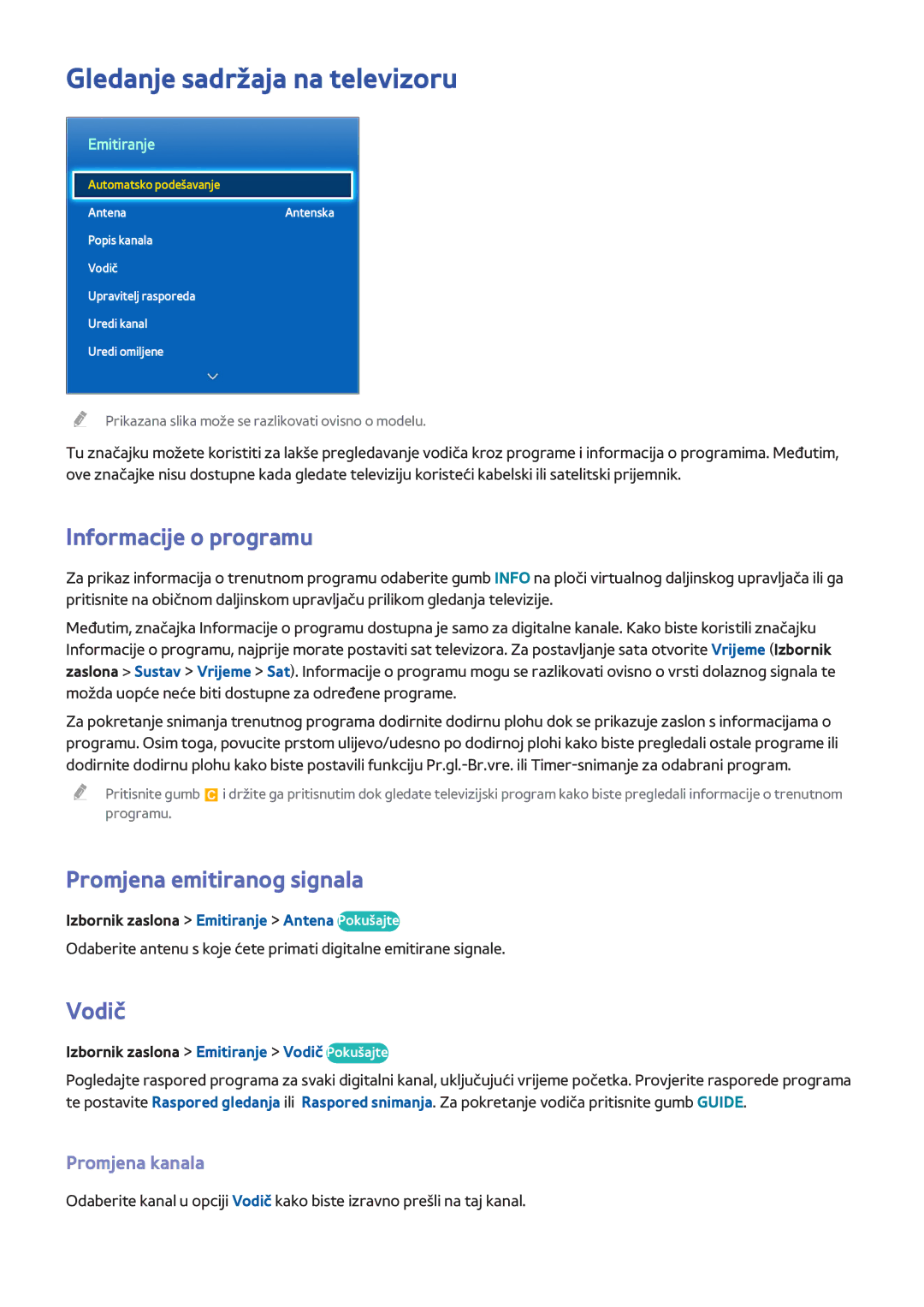 Samsung UE40F6510SBXXH manual Gledanje sadržaja na televizoru, Informacije o programu, Promjena emitiranog signala, Vodič 