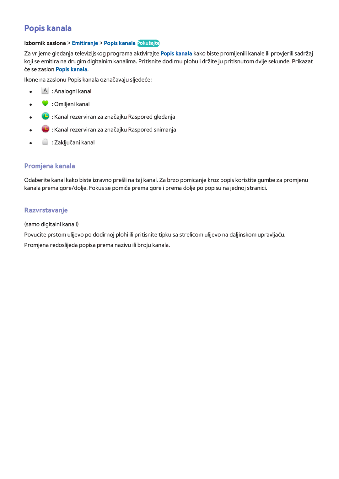 Samsung UE32F6200AWXXH, UE50F6400AKXXH manual Razvrstavanje, Izbornik zaslona Emitiranje Popis kanala Pokušajte 