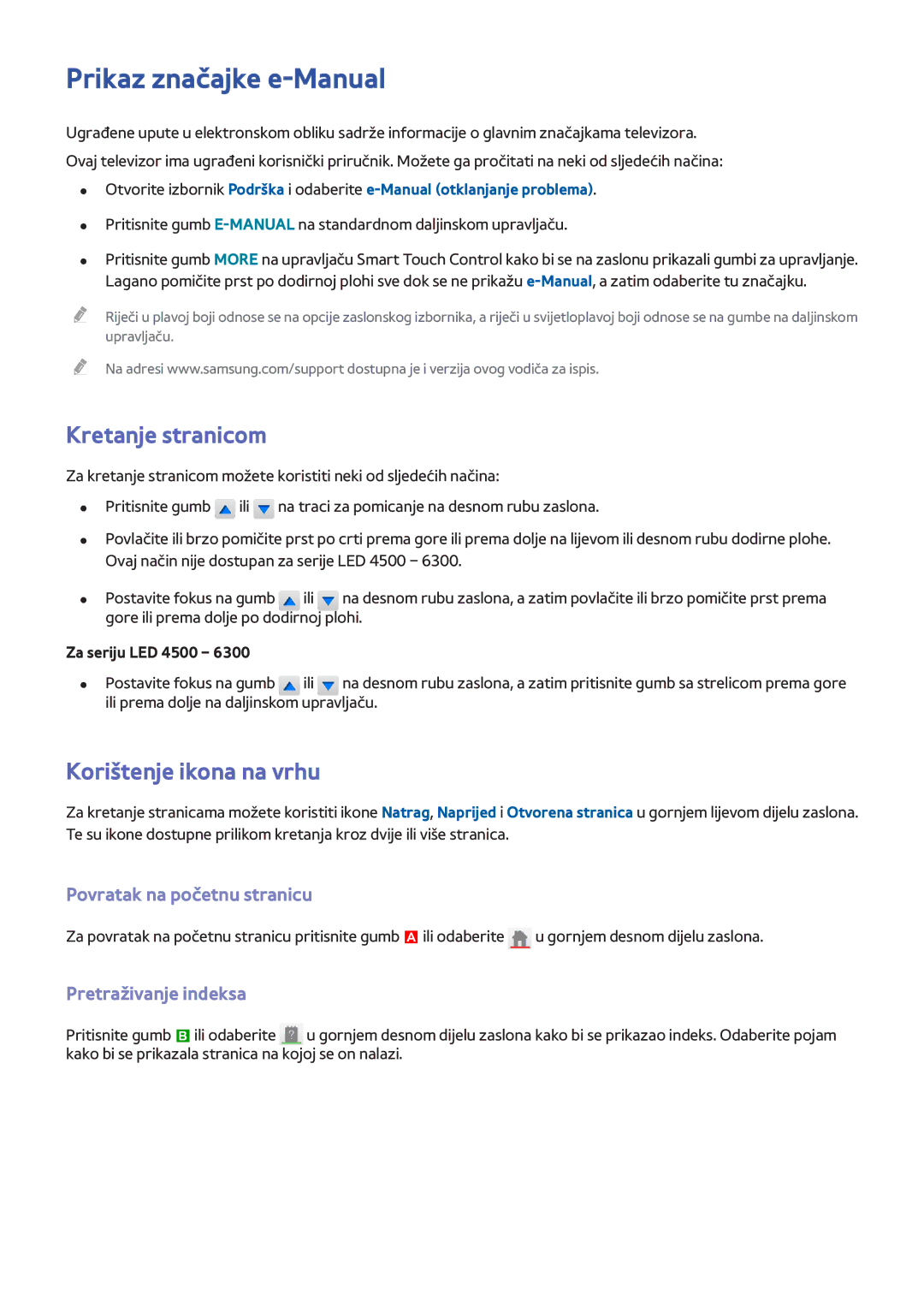 Samsung UE39F5300AWXXH manual Prikaz značajke e-Manual, Kretanje stranicom, Korištenje ikona na vrhu, Pretraživanje indeksa 