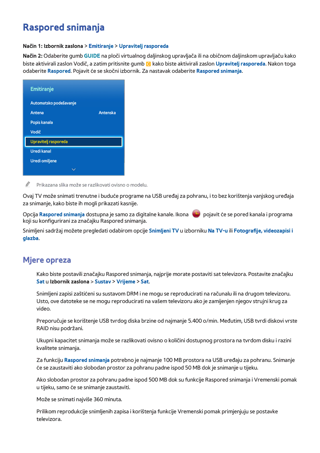 Samsung UE46F6500SBXXH, UE50F6400AKXXH manual Raspored snimanja, Način 1 Izbornik zaslona Emitiranje Upravitelj rasporeda 