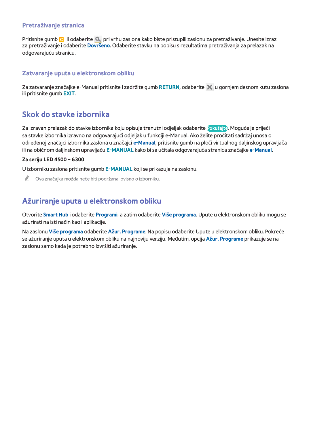 Samsung UE40F6500SBXXH manual Skok do stavke izbornika, Ažuriranje uputa u elektronskom obliku, Pretraživanje stranica 