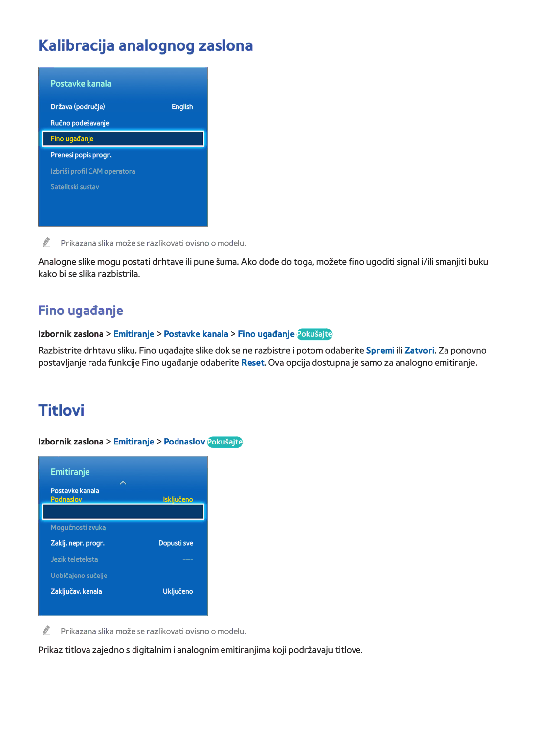 Samsung UE40F6500SBXXH, UE50F6400AKXXH manual Kalibracija analognog zaslona, Titlovi, Fino ugađanje, Postavke kanala 