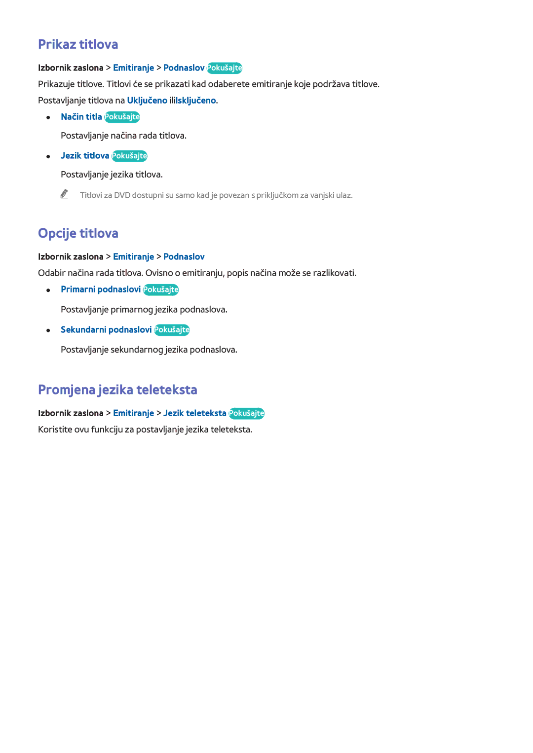Samsung UE40F5500AWXXH, UE50F6400AKXXH, UE40F6320AWXXH manual Prikaz titlova, Opcije titlova, Promjena jezika teleteksta 
