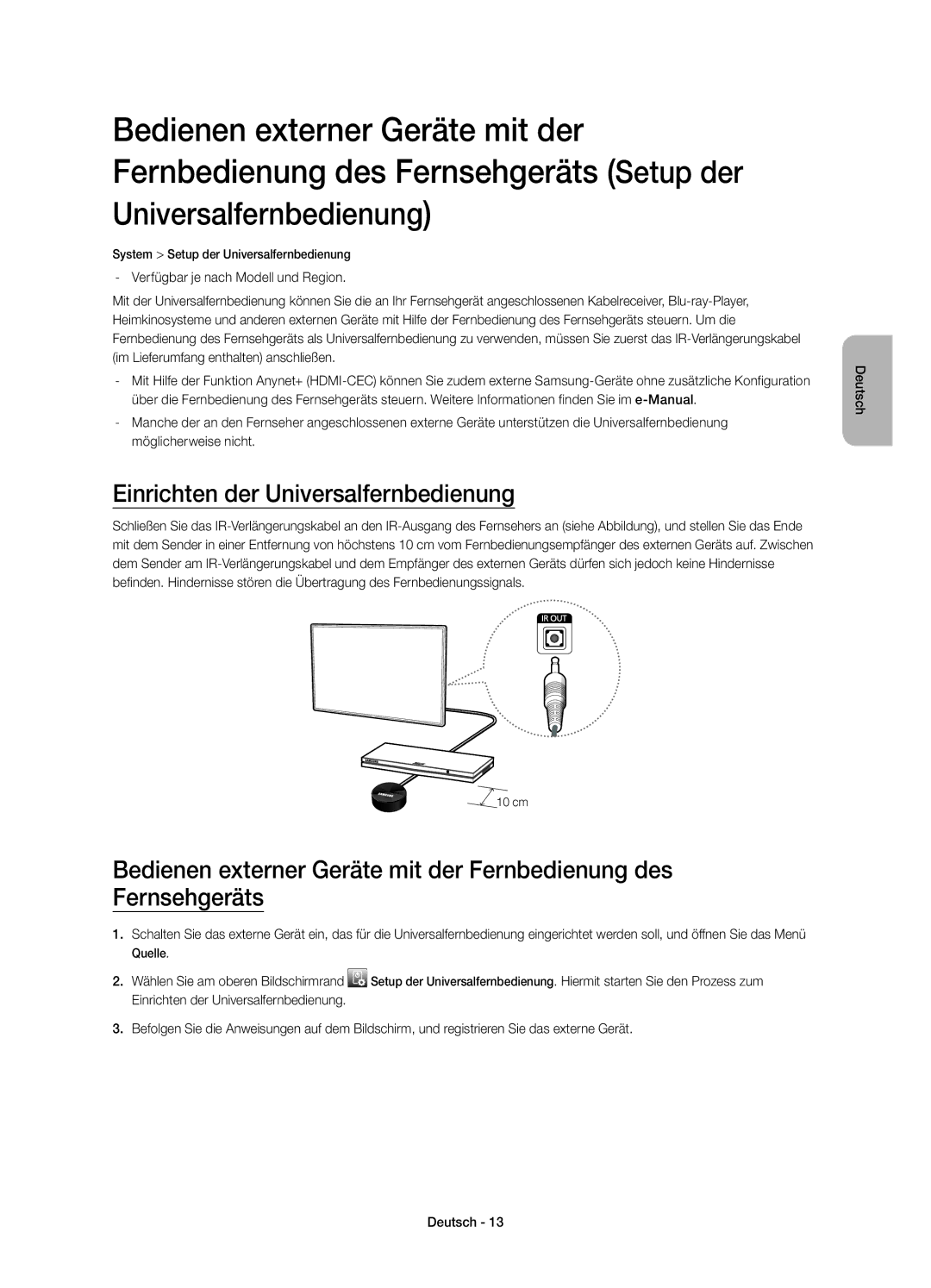 Samsung UE40H5500AYXZT, UE50H5500AYXZT, UE48H5500AYXZT, UE32H5500AYXZT manual Einrichten der Universalfernbedienung 