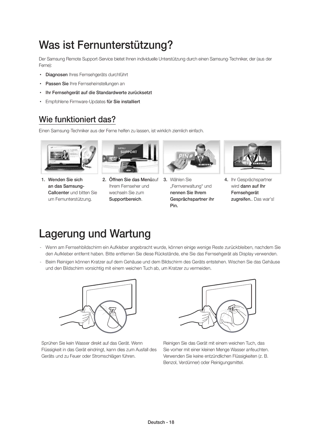 Samsung UE48H5500AYXZT, UE50H5500AYXZT manual Was ist Fernunterstützung?, Lagerung und Wartung, Wie funktioniert das?, Pin 