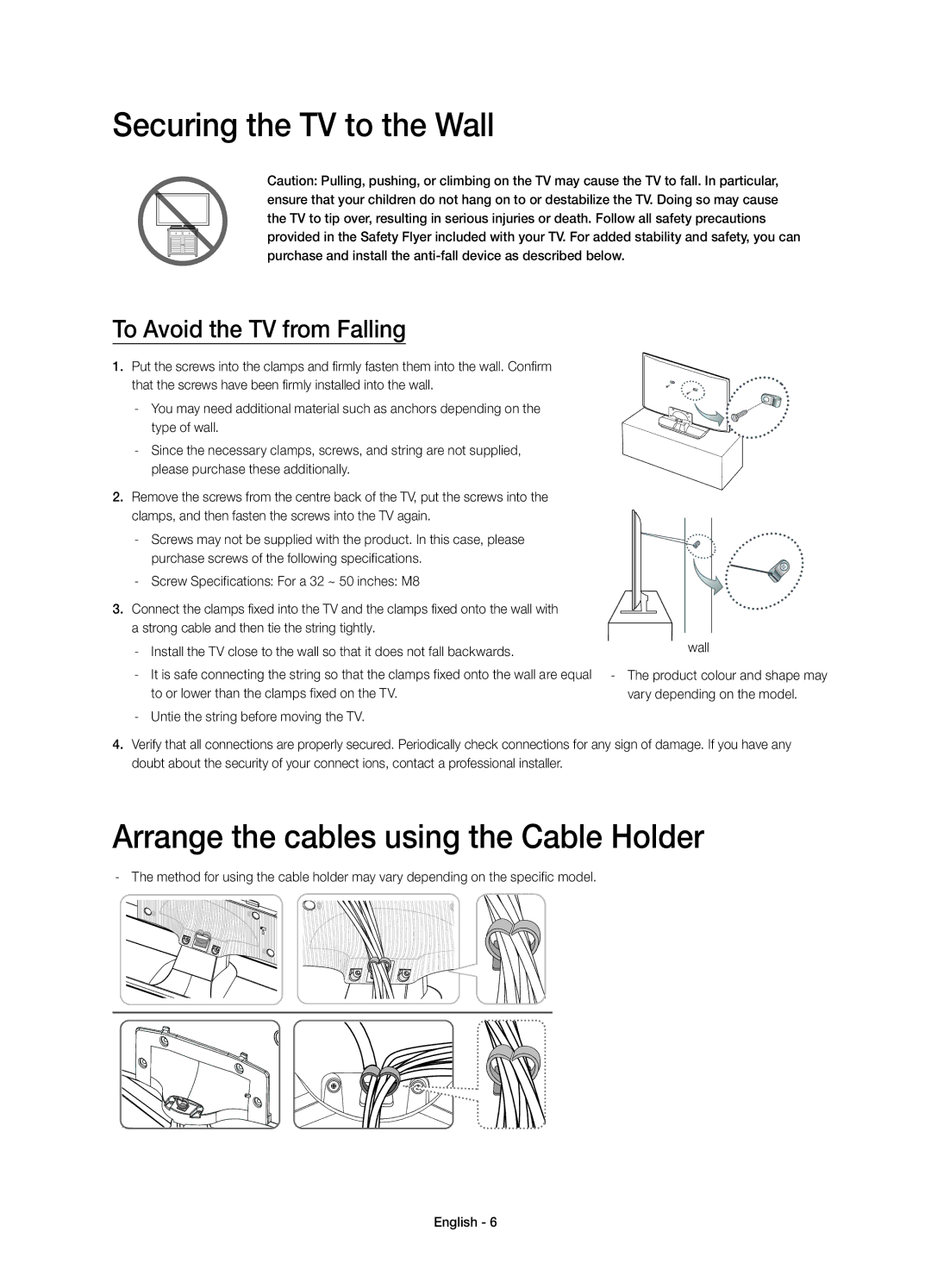 Samsung UE48H5500AYXZT, UE50H5500AYXZT manual Securing the TV to the Wall, Arrange the cables using the Cable Holder 