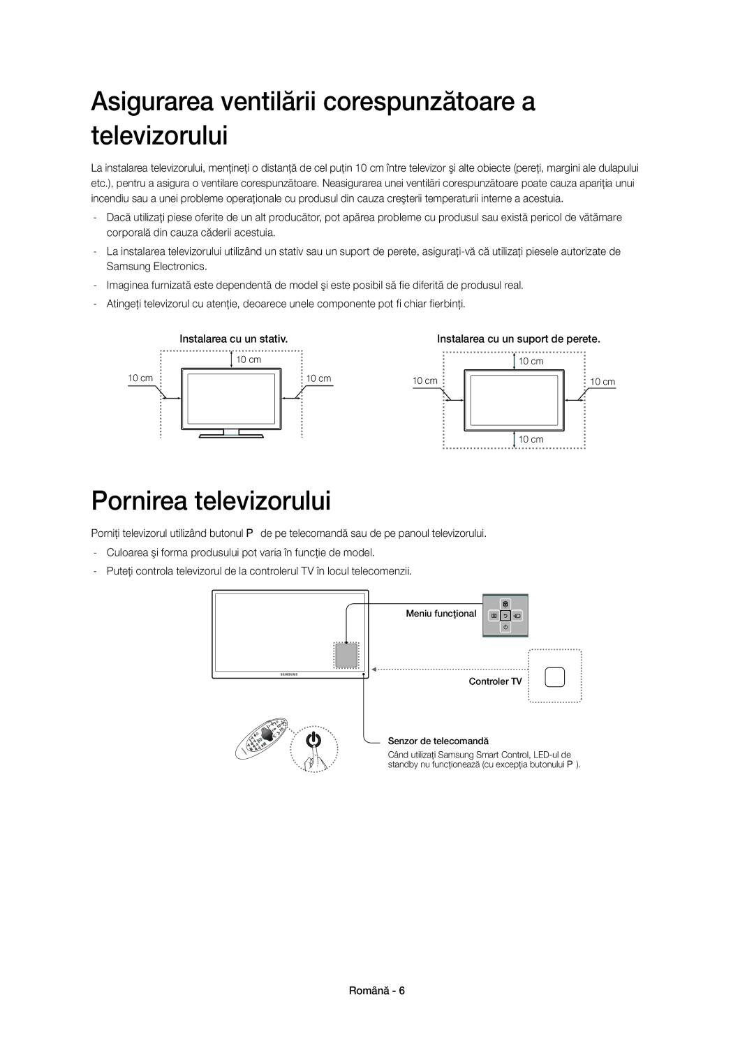 Samsung UE50HU6900UXXH, UE50HU6900SXZG manual Asigurarea ventilării corespunzătoare a televizorului, Pornirea televizorului 