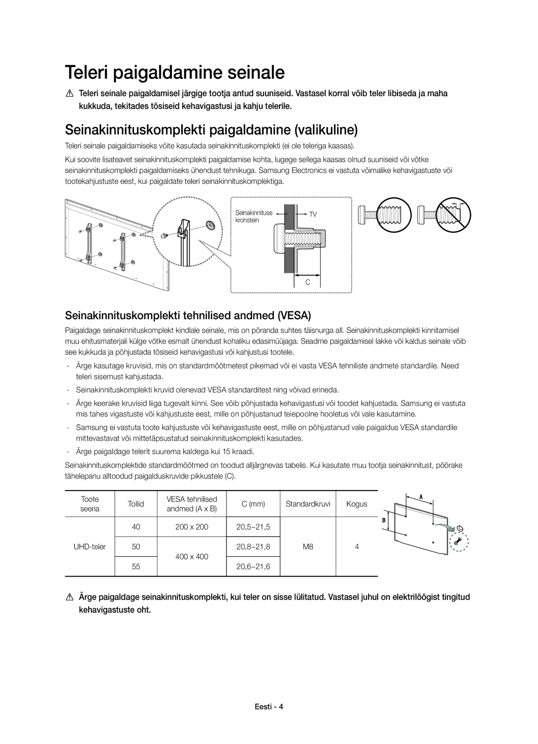 Samsung UE50HU6900SXXH, UE50HU6900SXZG manual Teleri paigaldamine seinale, Seinakinnituskomplekti paigaldamine valikuline 