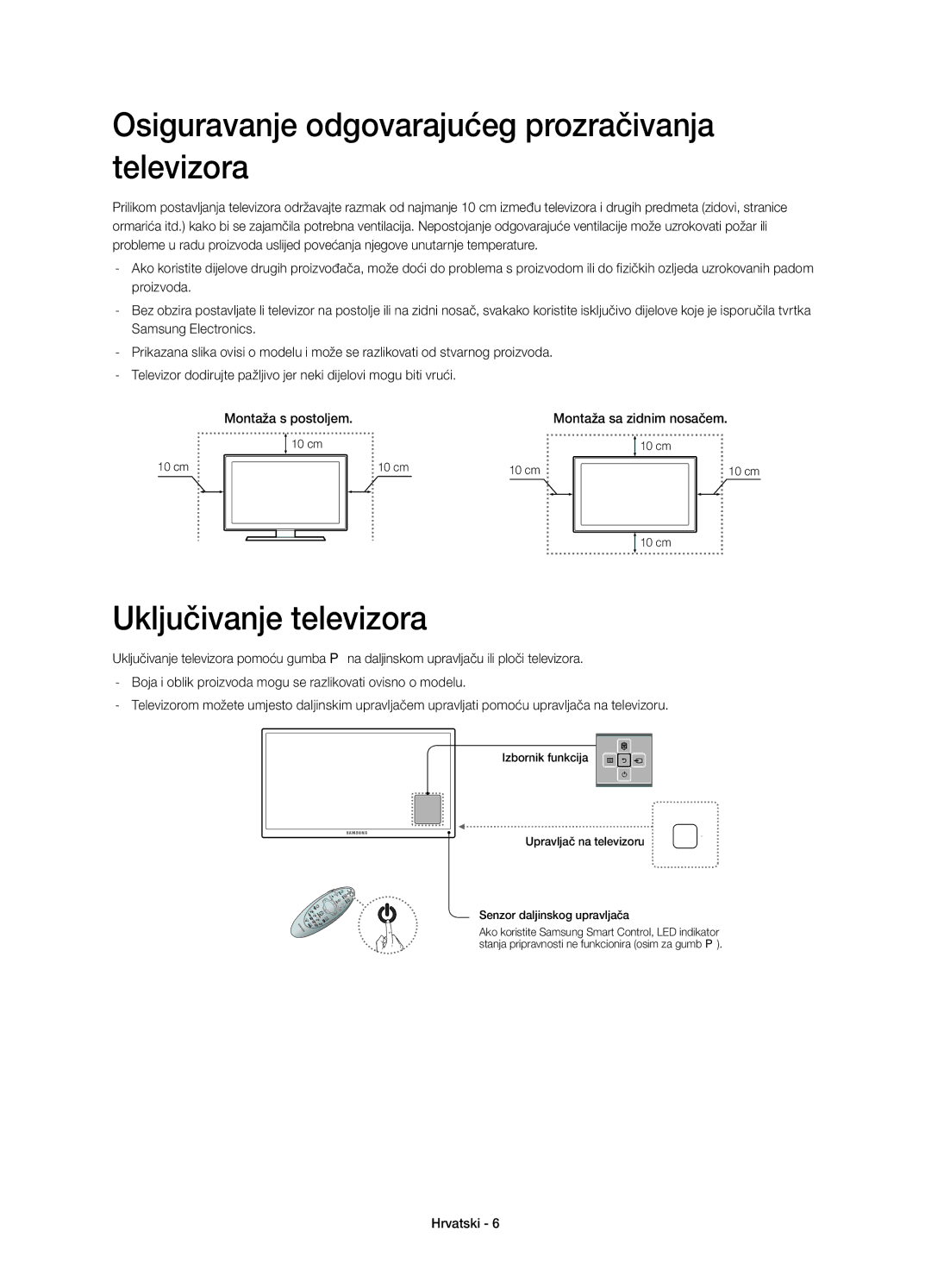 Samsung UE50HU6900UXXH, UE50HU6900SXZG manual Osiguravanje odgovarajućeg prozračivanja televizora, Uključivanje televizora 