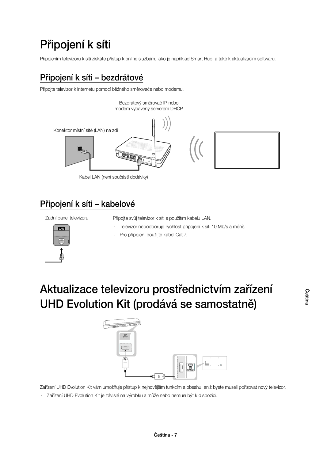 Samsung UE40HU6900SXZF manual Připojení k síti bezdrátové, Připojení k síti kabelové, Pro připojení použijte kabel Cat 