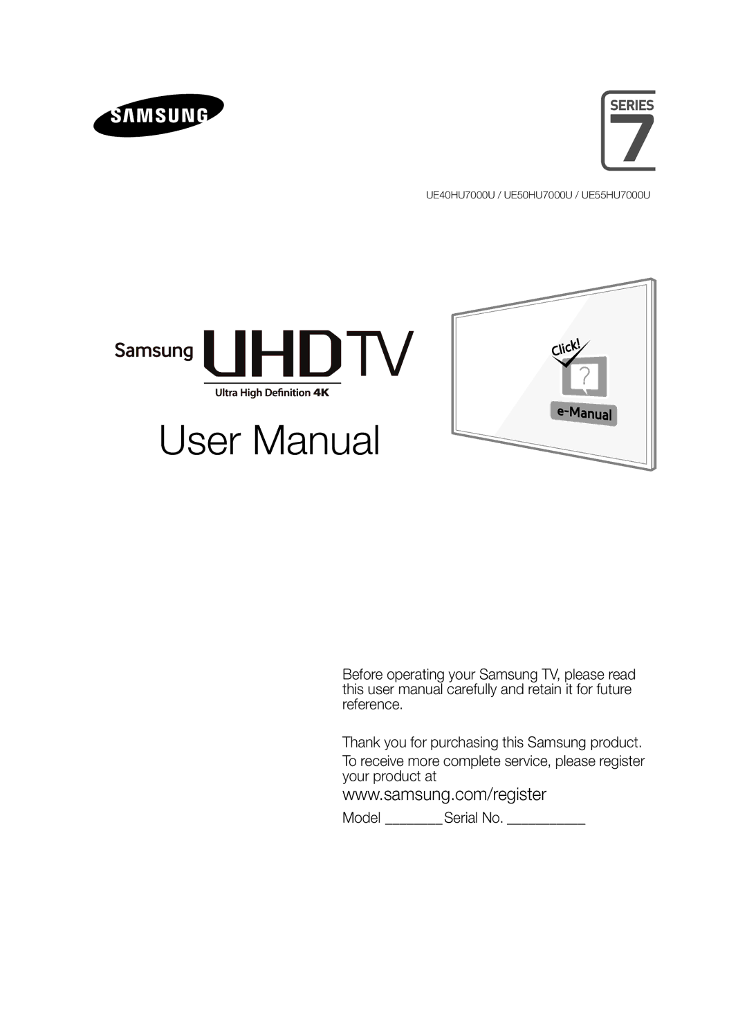 Samsung UE40HU7000UXUZ, UE50HU7000UXUZ, UE55HU7000UXUZ, UE55HU7000UXRU manual UE40HU7000U / UE50HU7000U / UE55HU7000U 