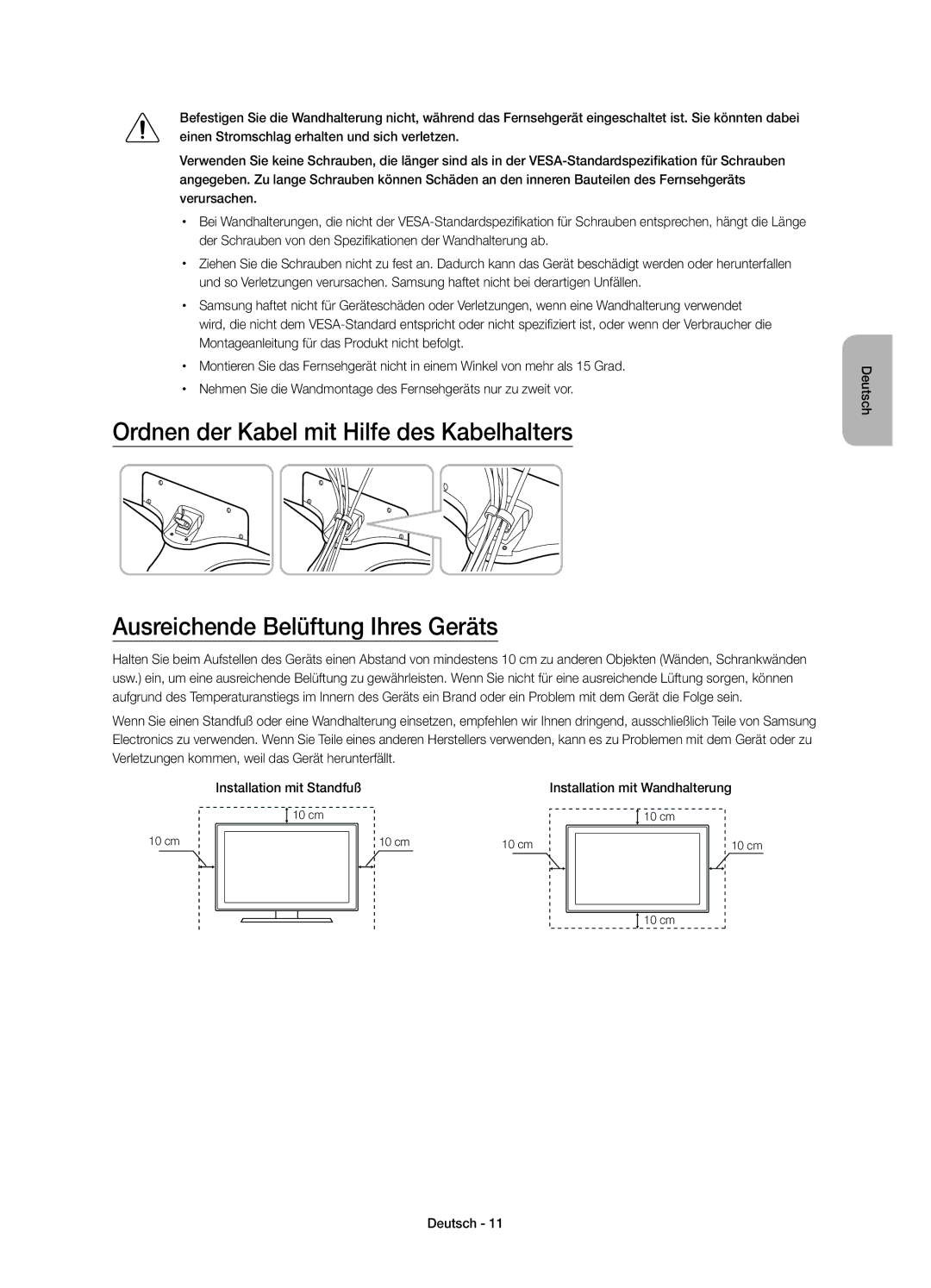 Samsung UE48J5600AWXZF, UE50J5500AWXXH, UE55J5500AWXXH manual Installation mit Standfuß, Installation mit Wandhalterung 