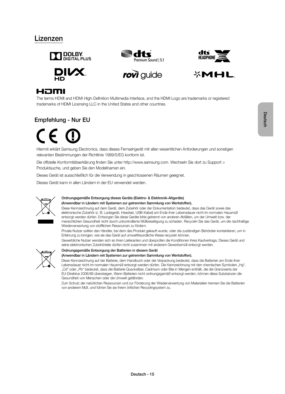 Samsung UE43J5600AWXZF, UE50J5500AWXXH, UE55J5500AWXXH, UE32J5500AWXXH, UE48J5500AWXXH manual Lizenzen, Empfehlung Nur EU 