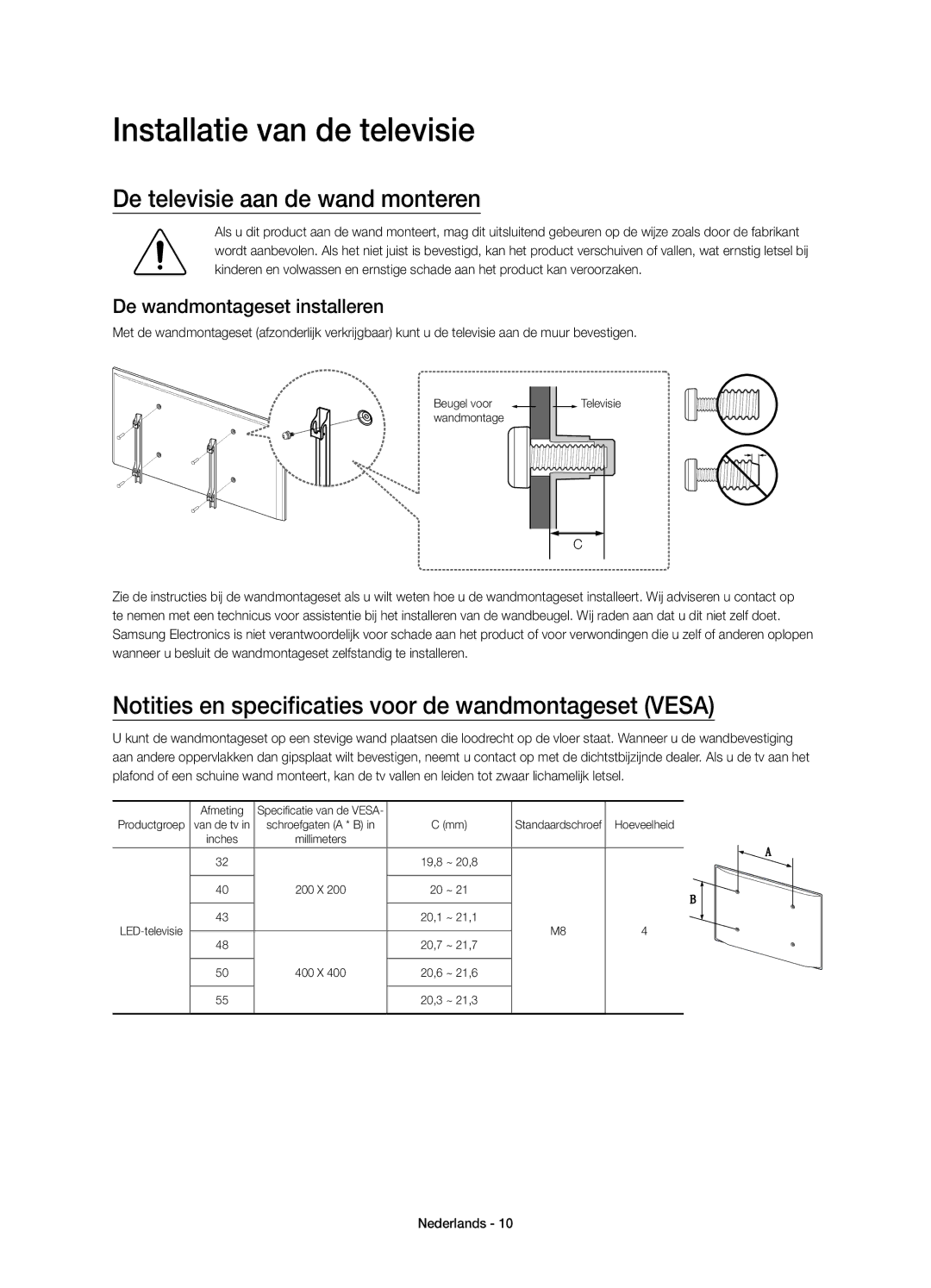 Samsung UE32J5500AWXXN Installatie van de televisie, De televisie aan de wand monteren, De wandmontageset installeren 