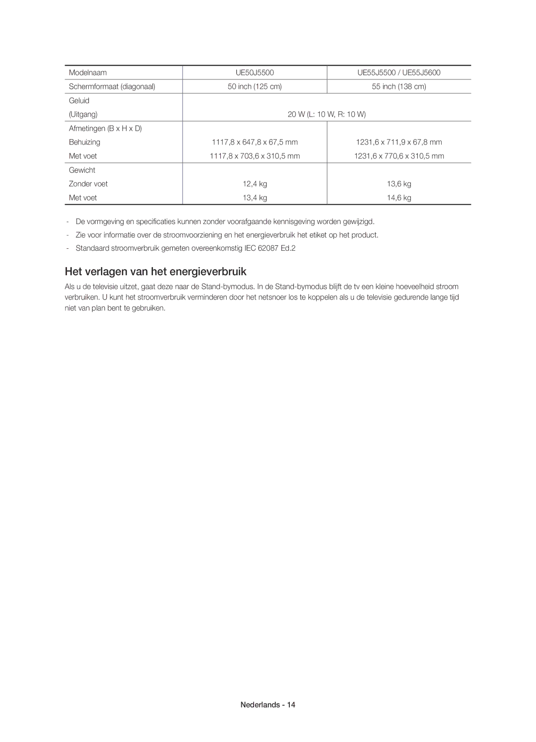 Samsung UE55J5600AWXXN Het verlagen van het energieverbruik, Geluid Uitgang L 10 W, R 10 W Afmetingen B x H x D Behuizing 