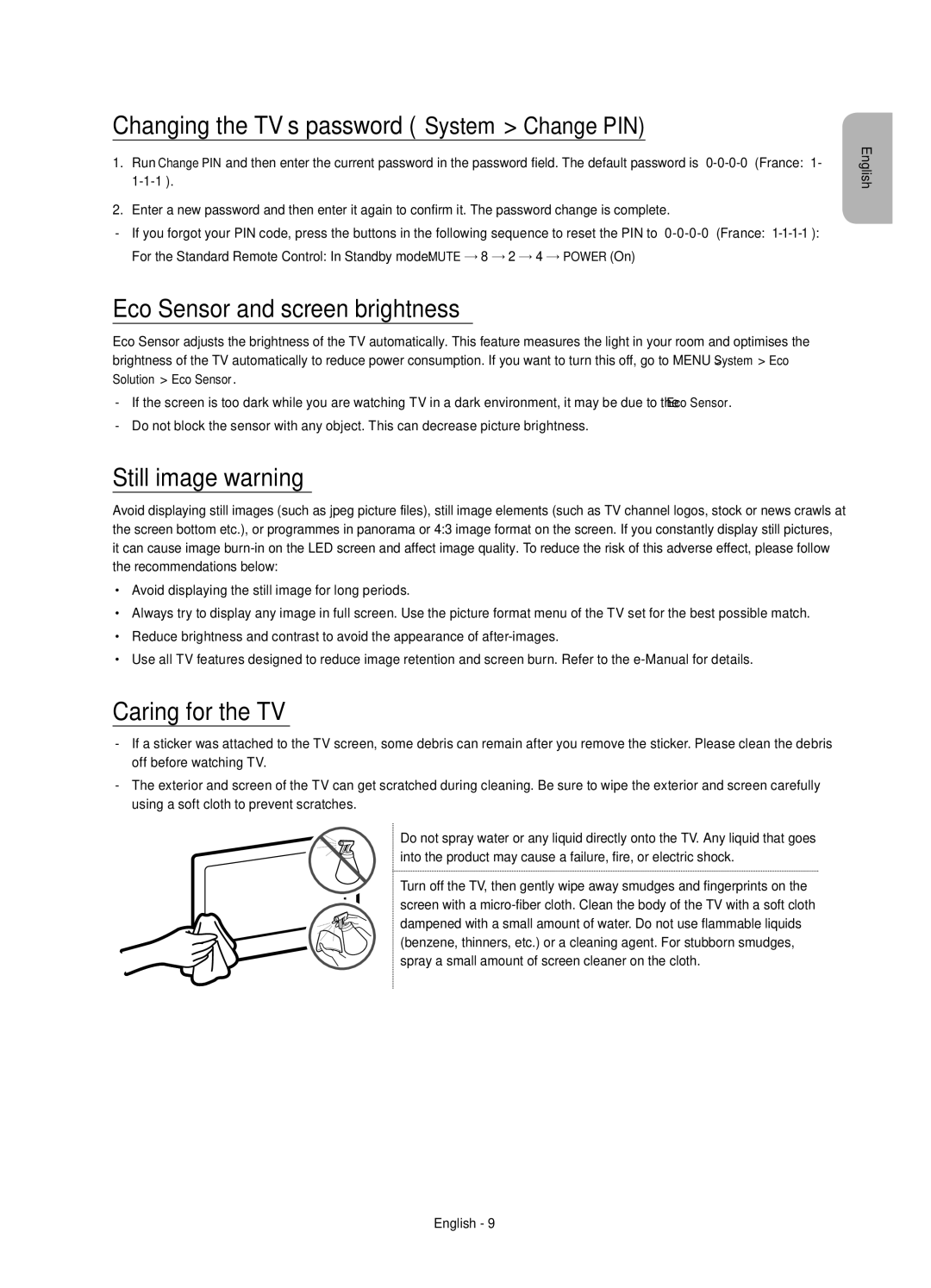 Samsung UE32J5500AWXZF Changing the TV’s password System Change PIN, Eco Sensor and screen brightness, Still image warning 