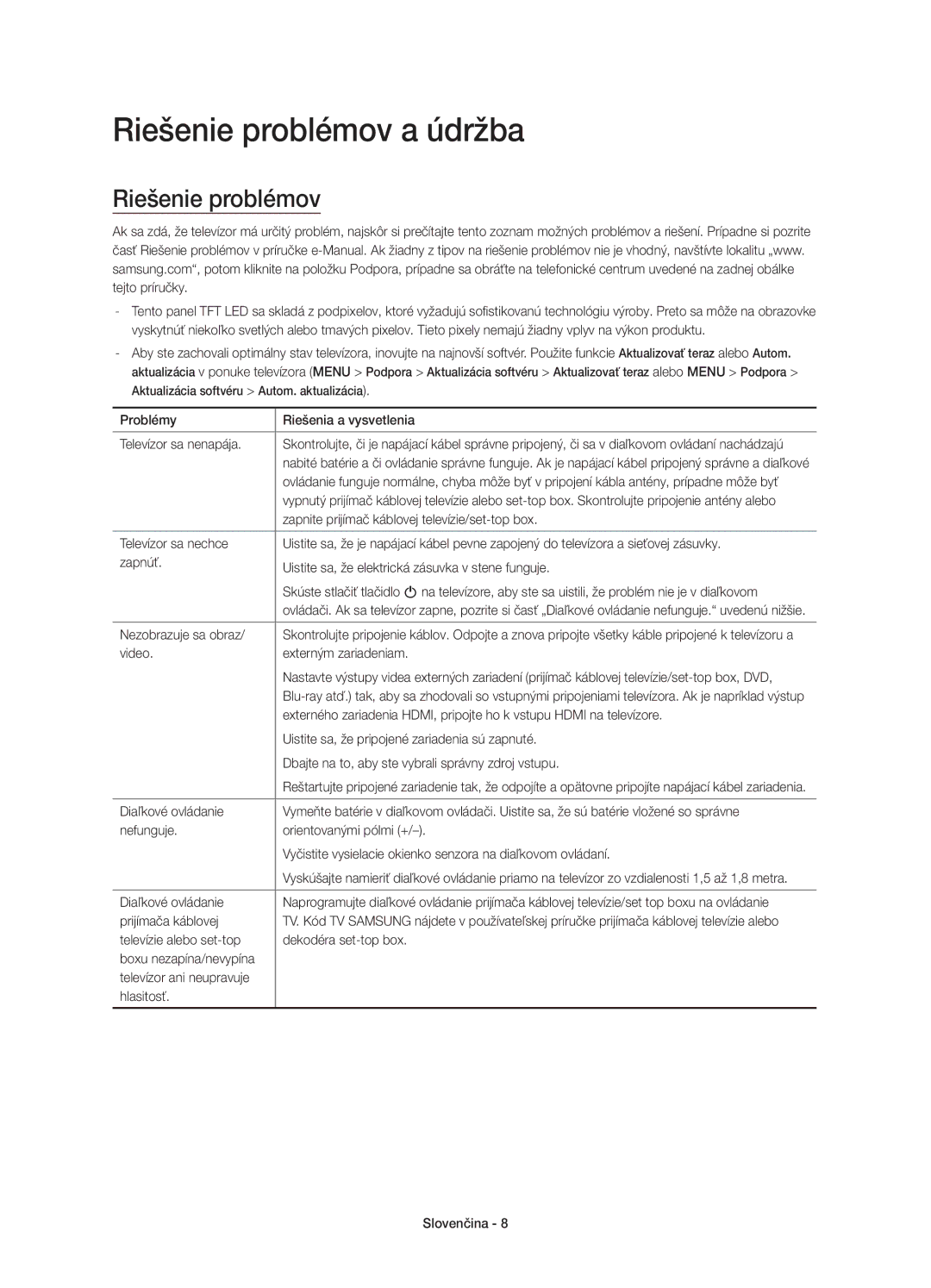 Samsung UE40J5510AWXZF, UE50J5500AWXXH, UE55J5500AWXXH, UE32J5500AWXXH, UE48J5500AWXXH manual Riešenie problémov a údržba 