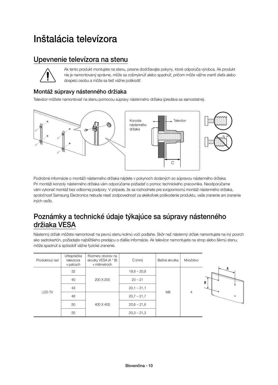 Samsung UE43J5600AWXZF manual Inštalácia televízora, Upevnenie televízora na stenu, Montáž súpravy nástenného držiaka 