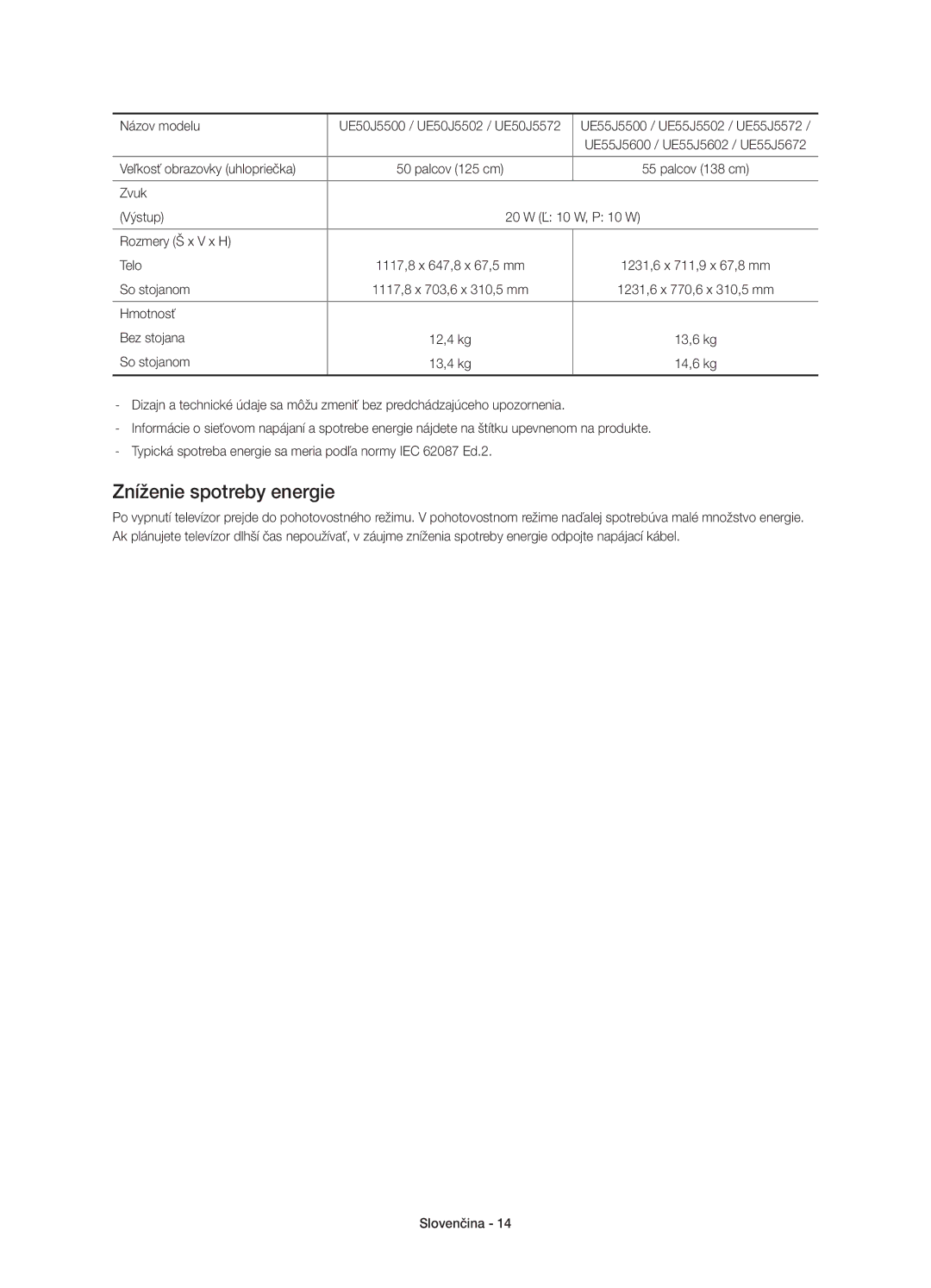 Samsung UE32J5600AWXXN, UE50J5500AWXXH Zníženie spotreby energie, Zvuk Výstup 20 W Ľ 10 W, P 10 W Rozmery Š x V x H Telo 