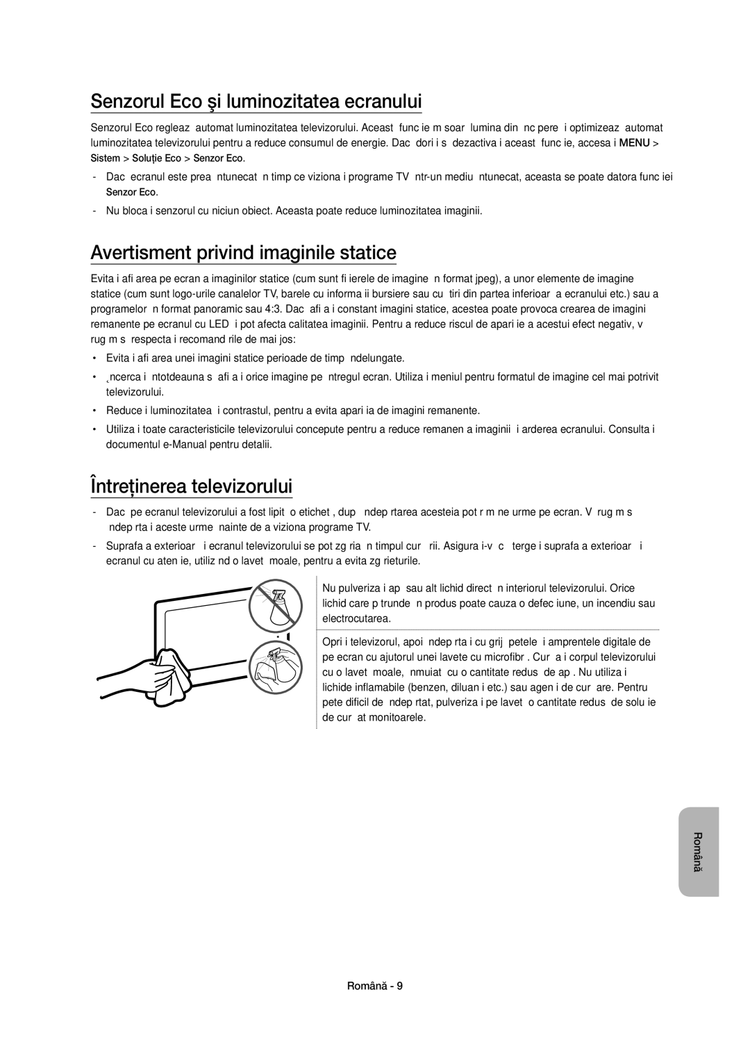 Samsung UE50J5502AKXXH, UE50J5500AWXXH manual Senzorul Eco şi luminozitatea ecranului, Avertisment privind imaginile statice 