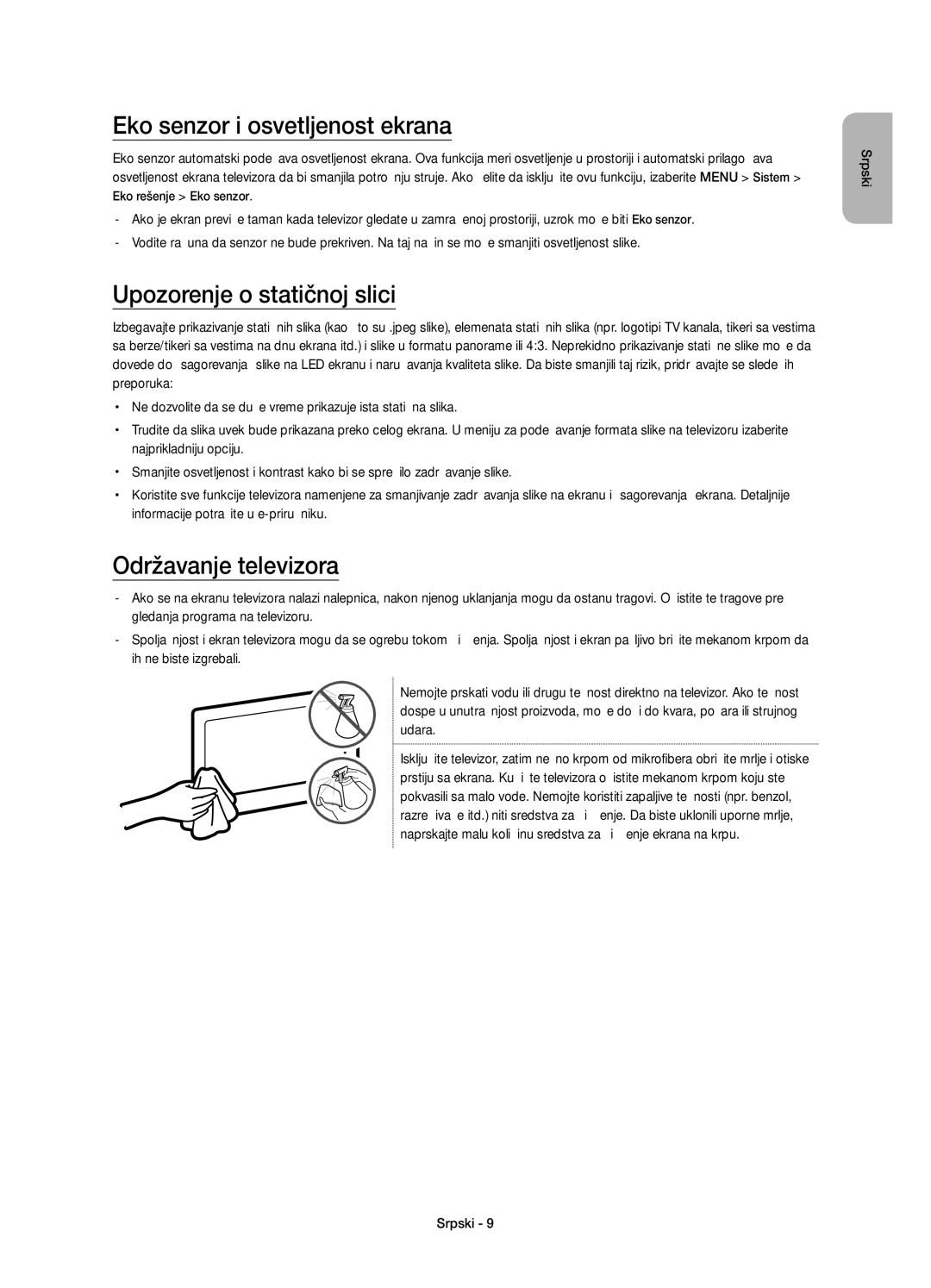 Samsung UE43J5572SUXXH manual Eko senzor i osvetljenost ekrana, Upozorenje o statičnoj slici, Održavanje televizora 