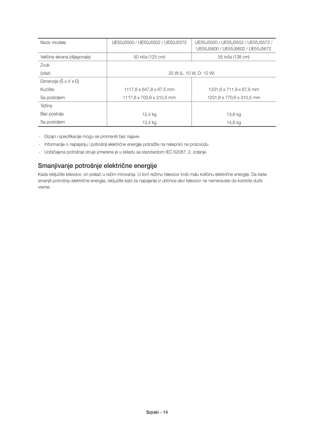 Samsung UE48J5672SUXXH Smanjivanje potrošnje električne energije, Dizajn i specifikacije mogu se promeniti bez najave 