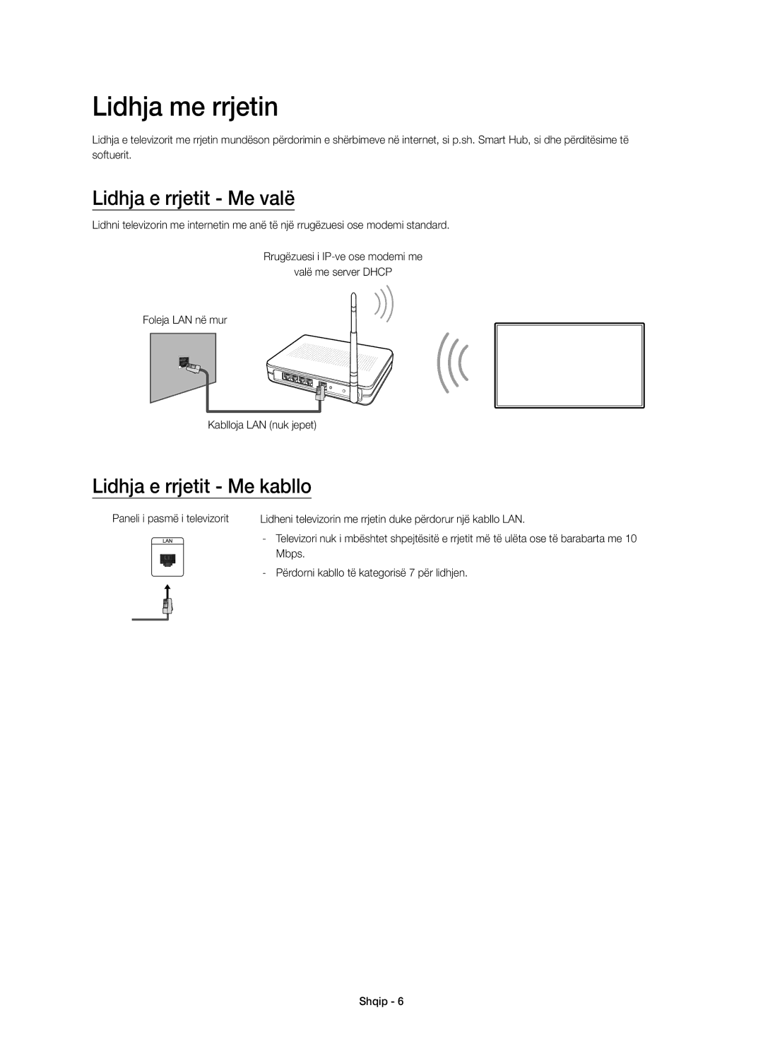 Samsung UE32J5500AWXXH, UE50J5500AWXXH manual Lidhja me rrjetin, Lidhja e rrjetit Me valë, Lidhja e rrjetit Me kabllo 