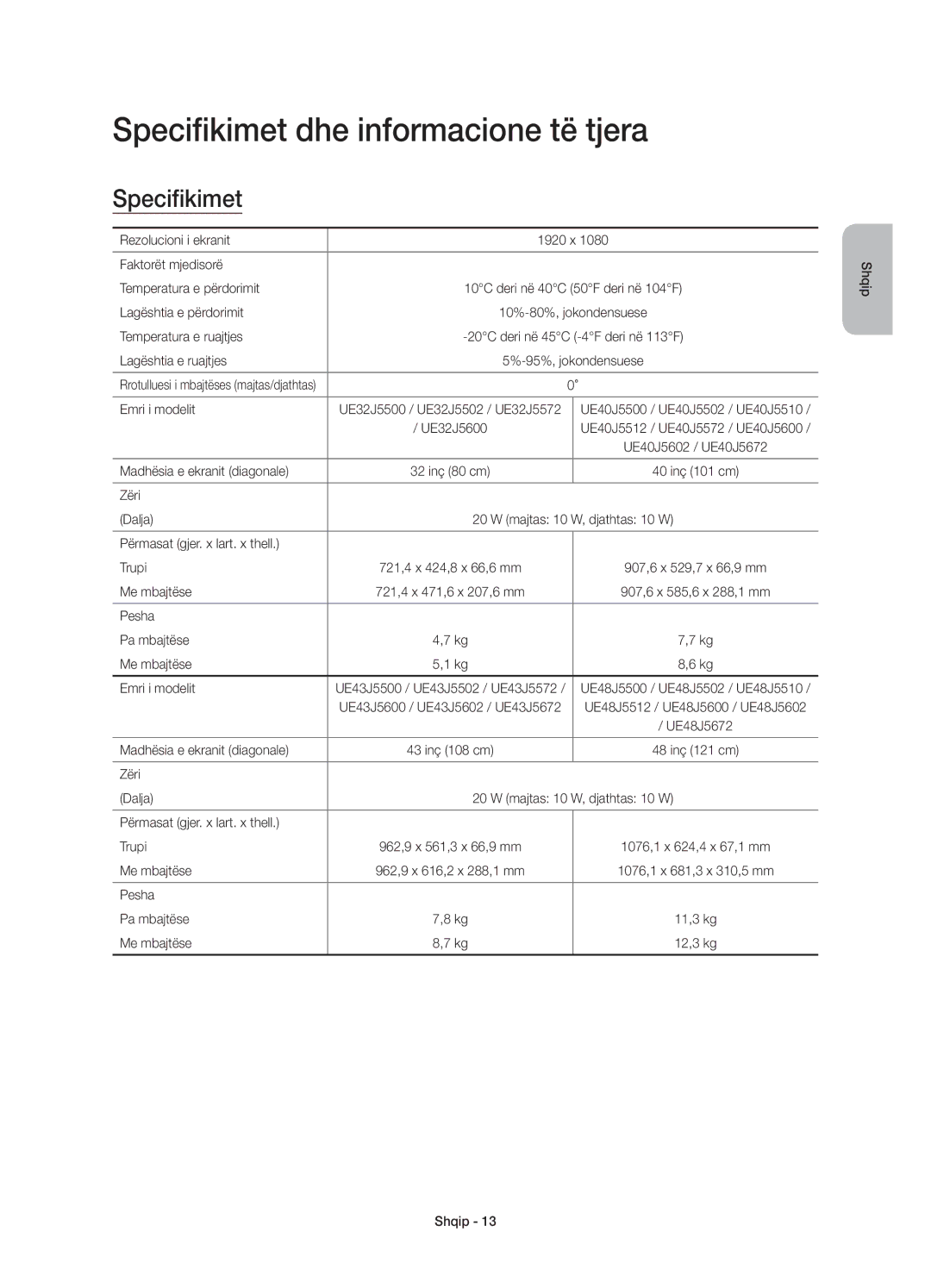 Samsung UE32J5500AWXZF, UE50J5500AWXXH, UE55J5500AWXXH, UE32J5500AWXXH, UE48J5500AWXXH Specifikimet dhe informacione të tjera 