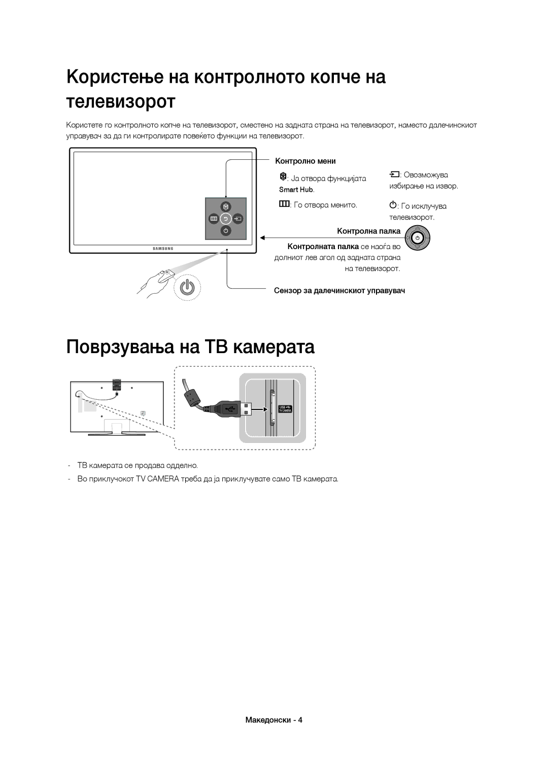 Samsung UE43J5500AWXZF, UE50J5500AWXXH manual Користење на контролното копче на телевизорот, Поврзувања на ТВ камерата 