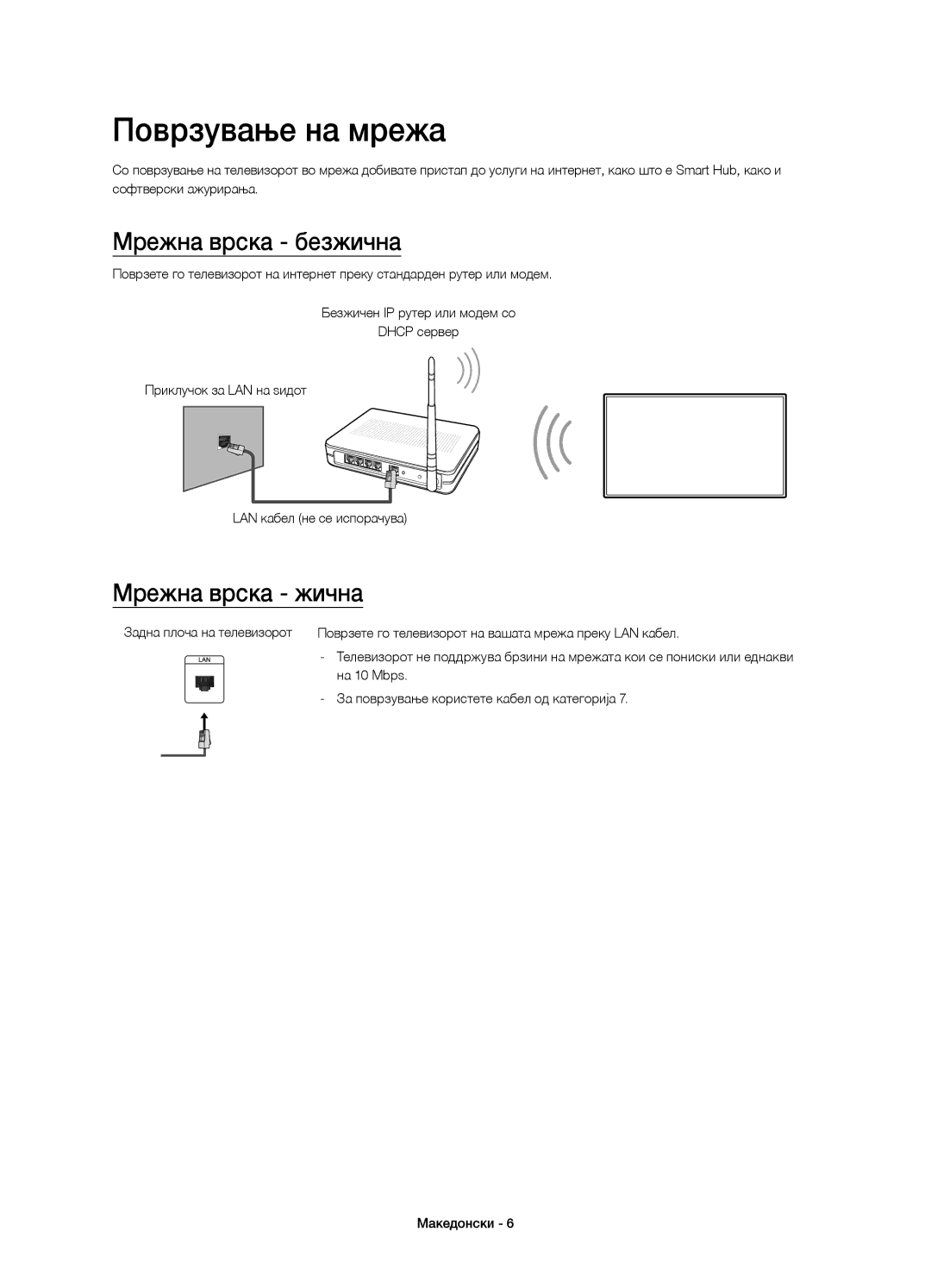 Samsung UE32J5600AWXXN, UE50J5500AWXXH, UE55J5500AWXXH manual Поврзување на мрежа, Мрежна врска безжична, Мрежна врска жична 