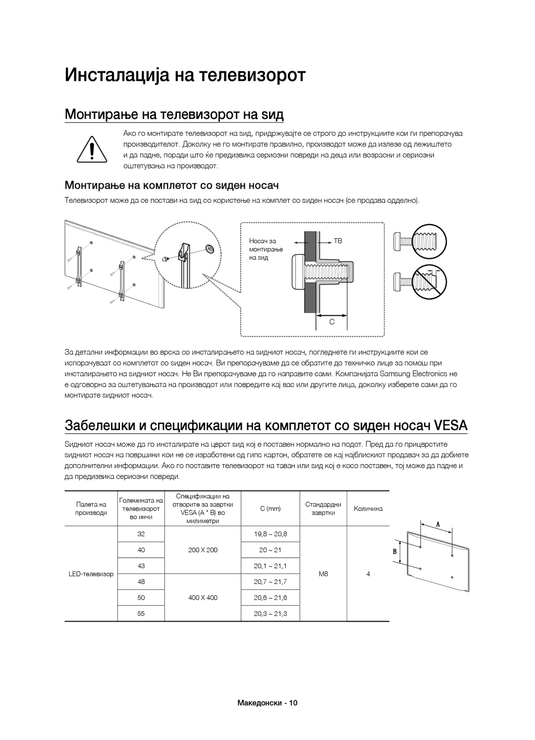 Samsung UE32J5600AWXXC Инсталација на телевизорот, Монтирање на телевизорот на ѕид, Монтирање на комплетот со ѕиден носач 