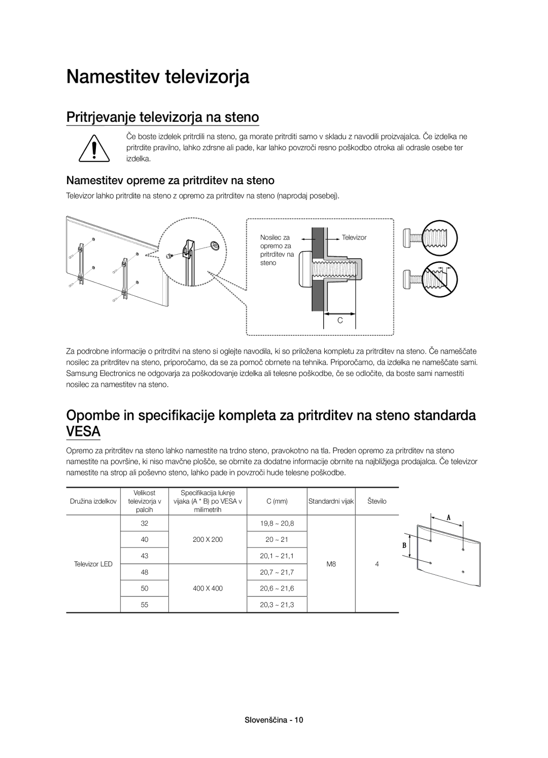 Samsung UE48J5500AWXXN Namestitev televizorja, Pritrjevanje televizorja na steno, Namestitev opreme za pritrditev na steno 