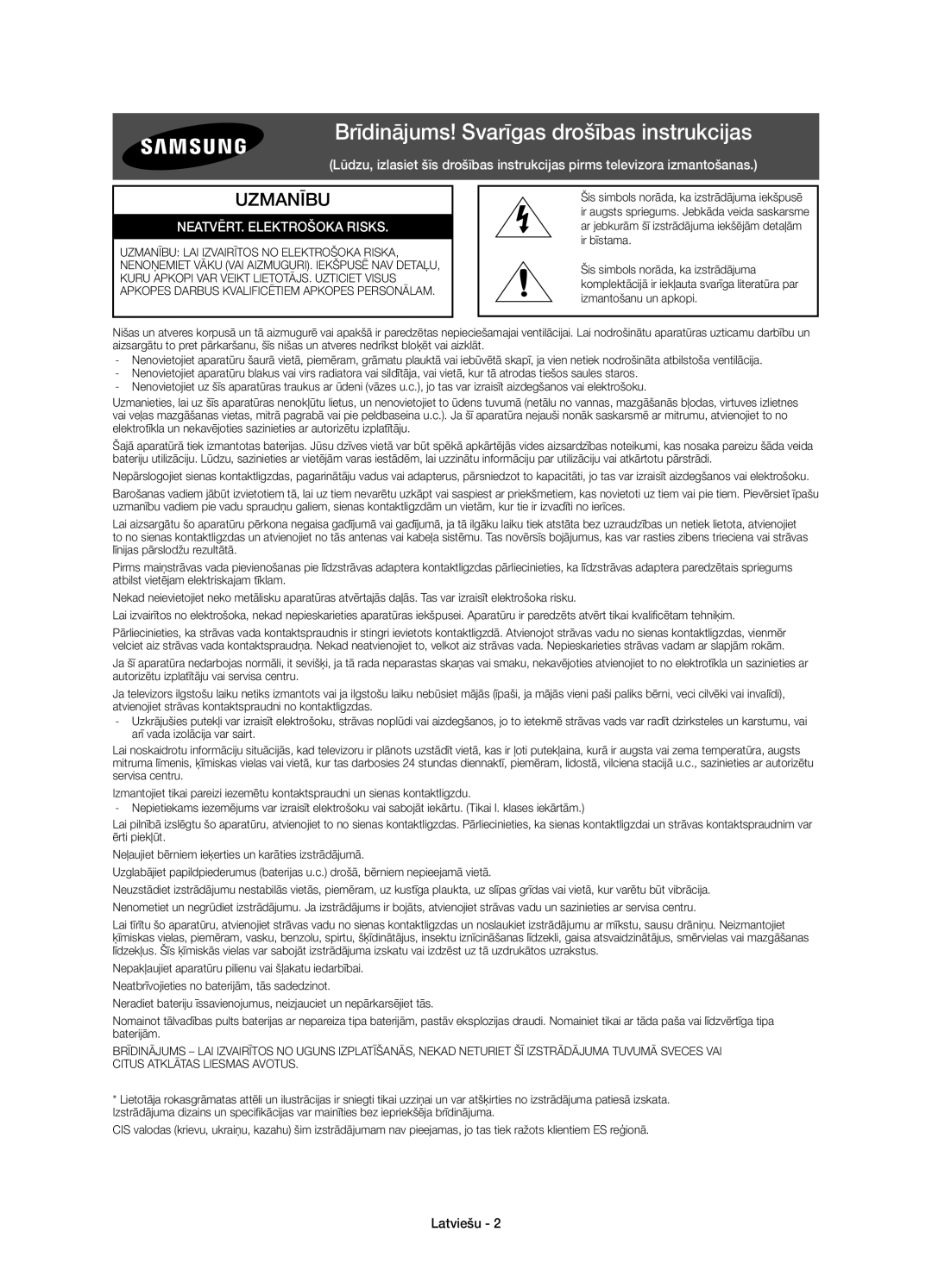 Samsung UE32J5672SUXXH, UE50J5500AWXXH Brīdinājums! Svarīgas drošības instrukcijas, NEATVĒRT. Elektrošoka Risks, Latviešu 