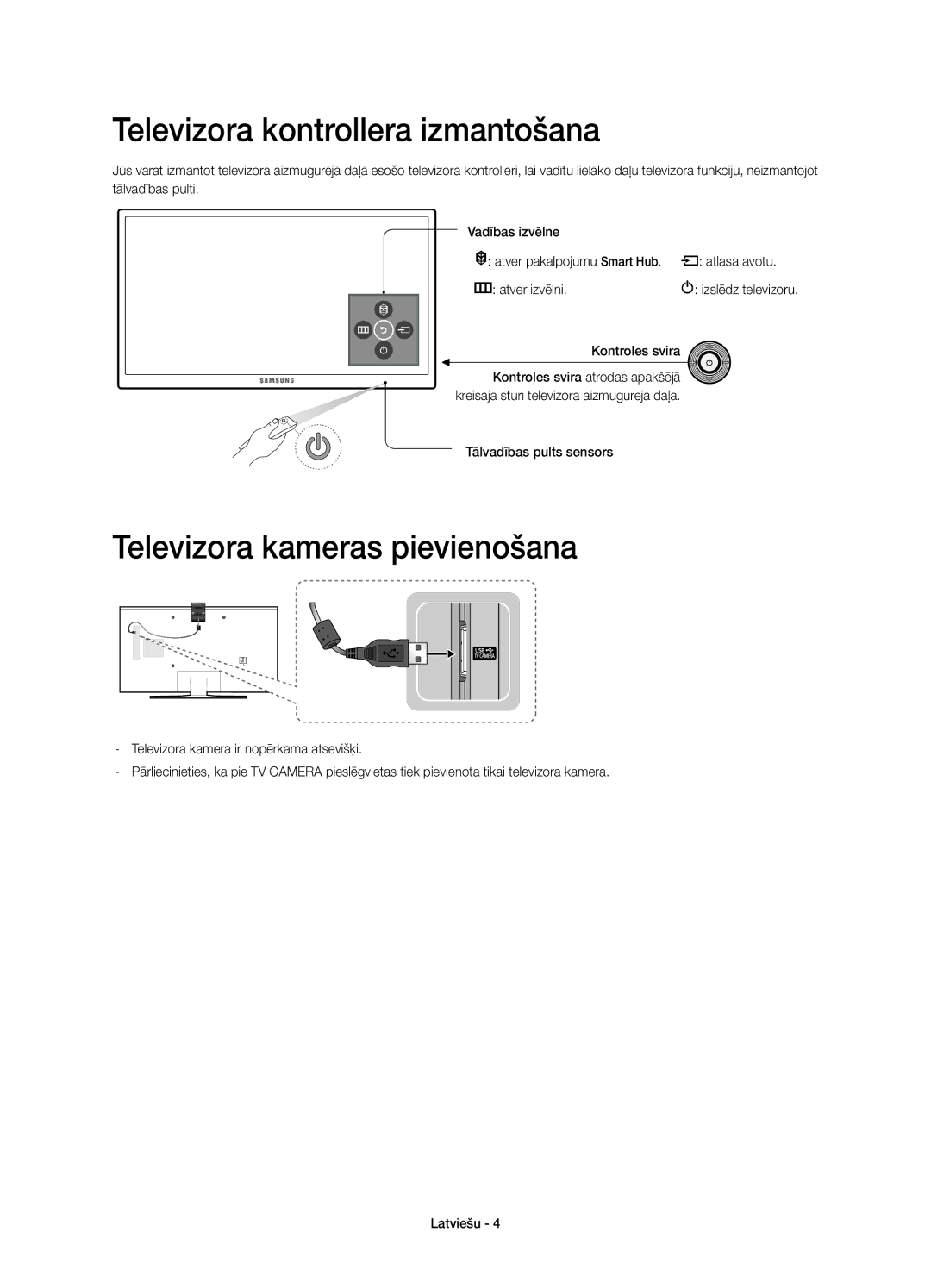 Samsung UE43J5672SUXXH manual Televizora kontrollera izmantošana, Televizora kameras pievienošana, Tālvadības pults sensors 