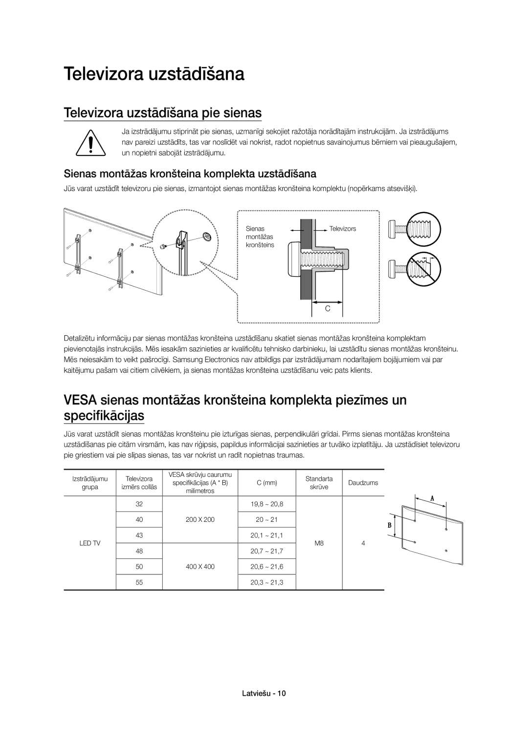 Samsung UE50J5500AWXXH manual Televizora uzstādīšana pie sienas, Sienas montāžas kronšteina komplekta uzstādīšana 