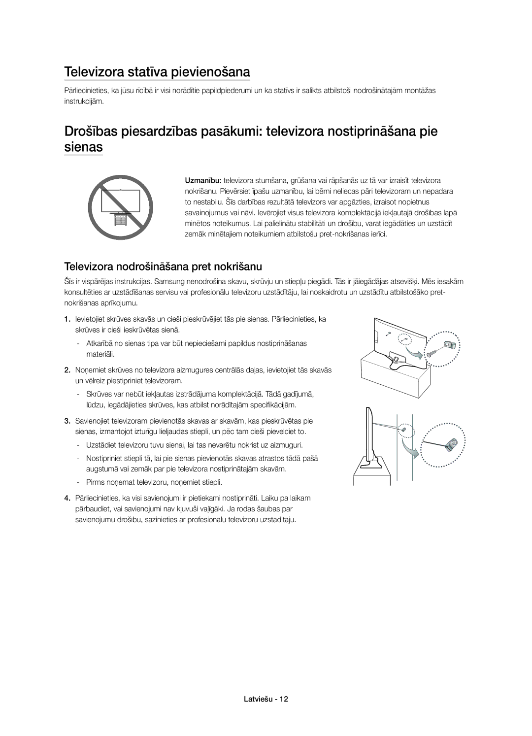 Samsung UE32J5500AWXXH, UE50J5500AWXXH manual Televizora statīva pievienošana, Televizora nodrošināšana pret nokrišanu 