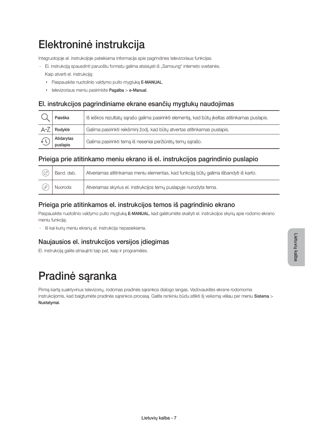 Samsung UE48J5510AWXZF manual Elektroninė instrukcija, Pradinė sąranka, Naujausios el. instrukcijos versijos įdiegimas 