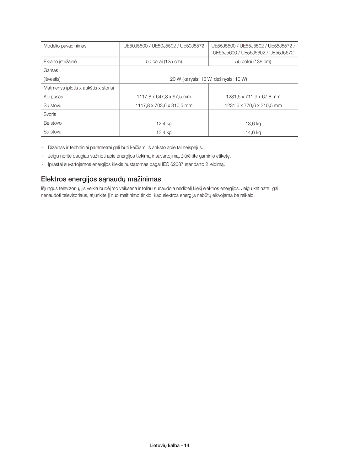 Samsung UE48J5600AWXXH, UE50J5500AWXXH Elektros energijos sąnaudų mažinimas, Garsas Išvestis Kairysis 10 W, dešinysis 10 W 