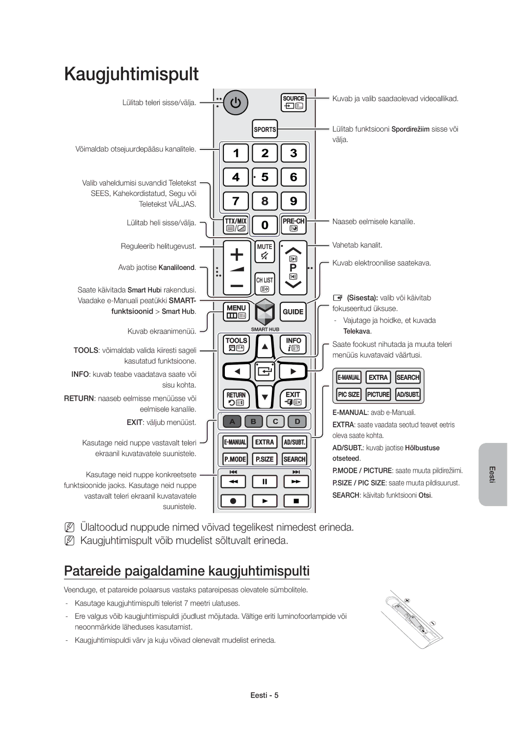 Samsung UE32J5572SUXXH manual Kaugjuhtimispult, Patareide paigaldamine kaugjuhtimispulti, Lülitab teleri sisse/välja 