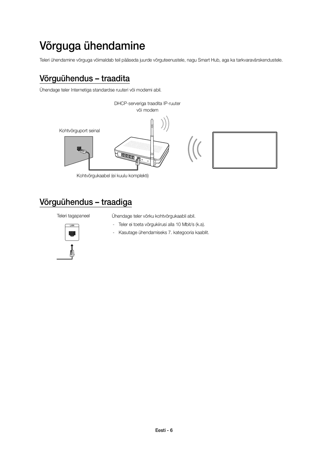 Samsung UE43J5502AKXXH, UE50J5500AWXXH, UE55J5500AWXXH Võrguga ühendamine, Võrguühendus traadita, Võrguühendus traadiga 