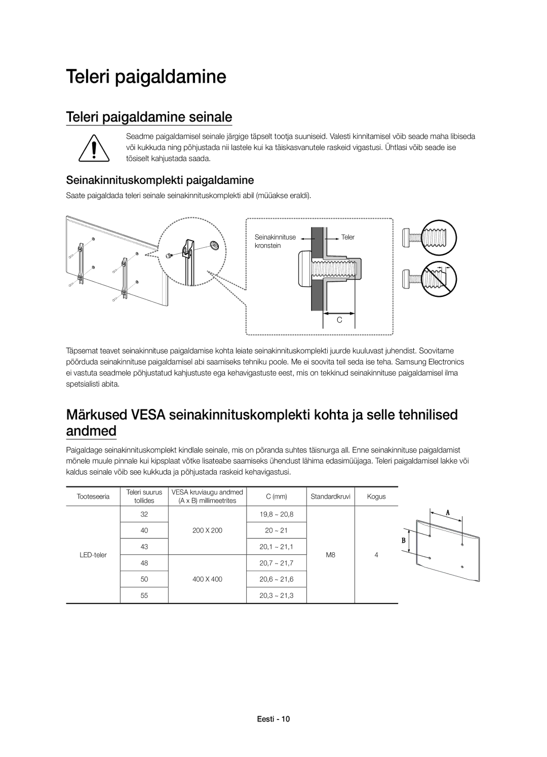 Samsung UE40J5512AKXXH, UE50J5500AWXXH, UE55J5500AWXXH Teleri paigaldamine seinale, Seinakinnituskomplekti paigaldamine 