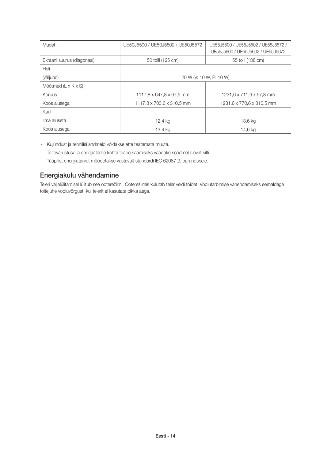 Samsung UE50J5500AWXXN, UE50J5500AWXXH, UE55J5500AWXXH Energiakulu vähendamine, Mudel UE50J5500 / UE50J5502 / UE50J5572 