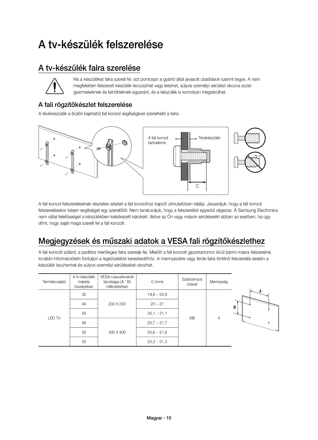 Samsung UE43J5502AKXXH manual Tv-készülék felszerelése, Tv-készülék falra szerelése, Fali rögzítőkészlet felszerelése 