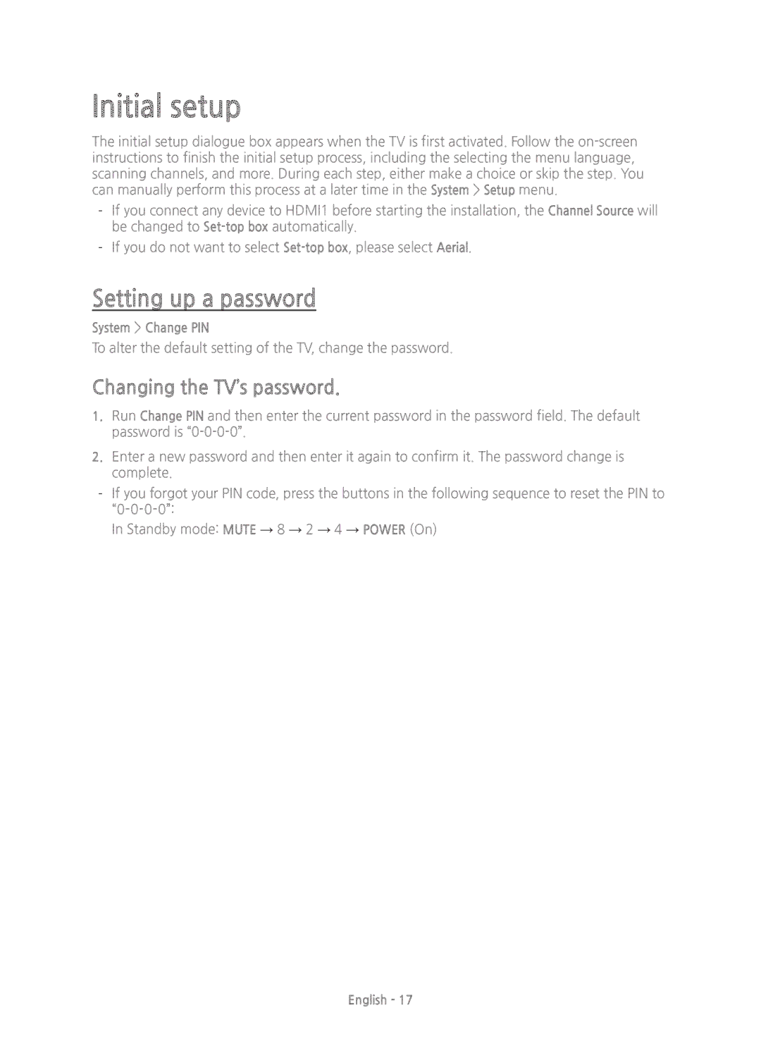 Samsung UE60J6100AKXXU, UE50J6100AKXZT Initial setup, Setting up a password, Changing the TV’s password, System Change PIN 