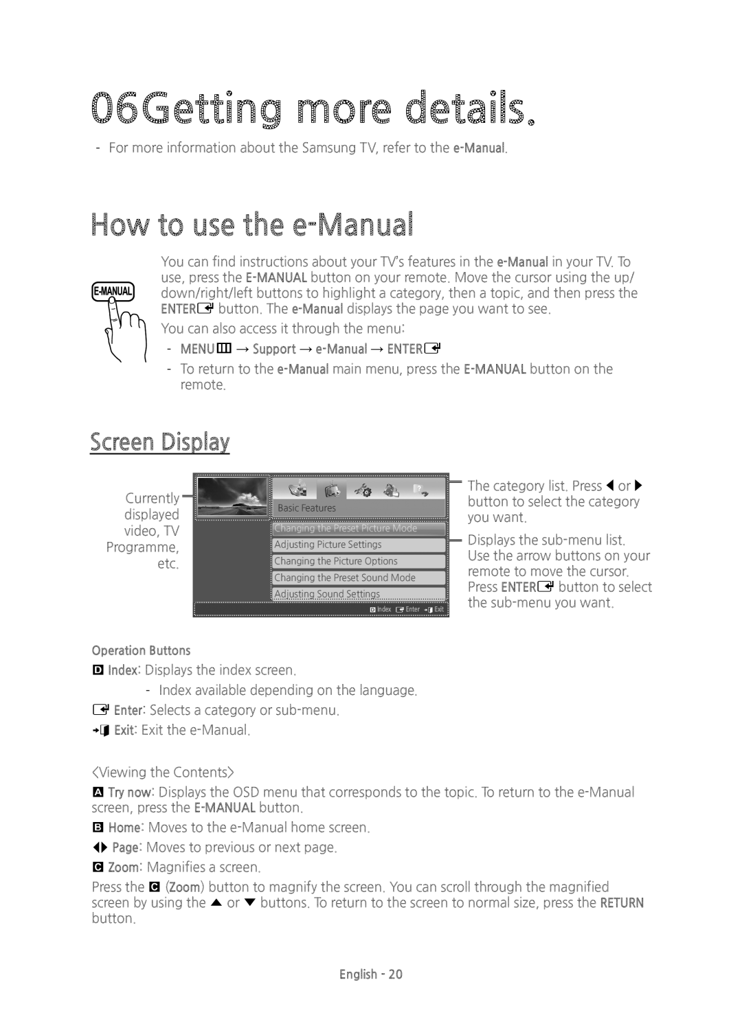 Samsung UE50J6100AKXZT, UE50J6100AKXXU, UE60J6100AKXXU manual 06Getting more details, How to use the e-Manual, Screen Display 