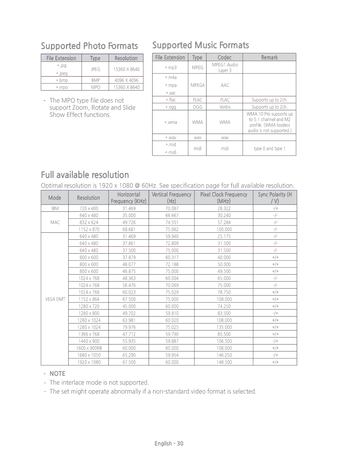 Samsung UE50J6100AKXZT, UE50J6100AKXXU manual Supported Photo Formats, Supported Music Formats, Full available resolution 